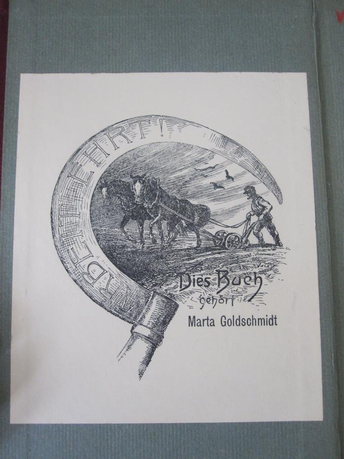 Dc 437: Der Schönheitsbegriff in der Bildenden Kunst (1908);D51 / 806 (Goldschmidt, Marta), Etikett: Exlibris, Name, Motto, Abbildung; 'Arbeit Ehrt! 
Dies Buch gehört Marta Goldschmidt'.  (Prototyp)