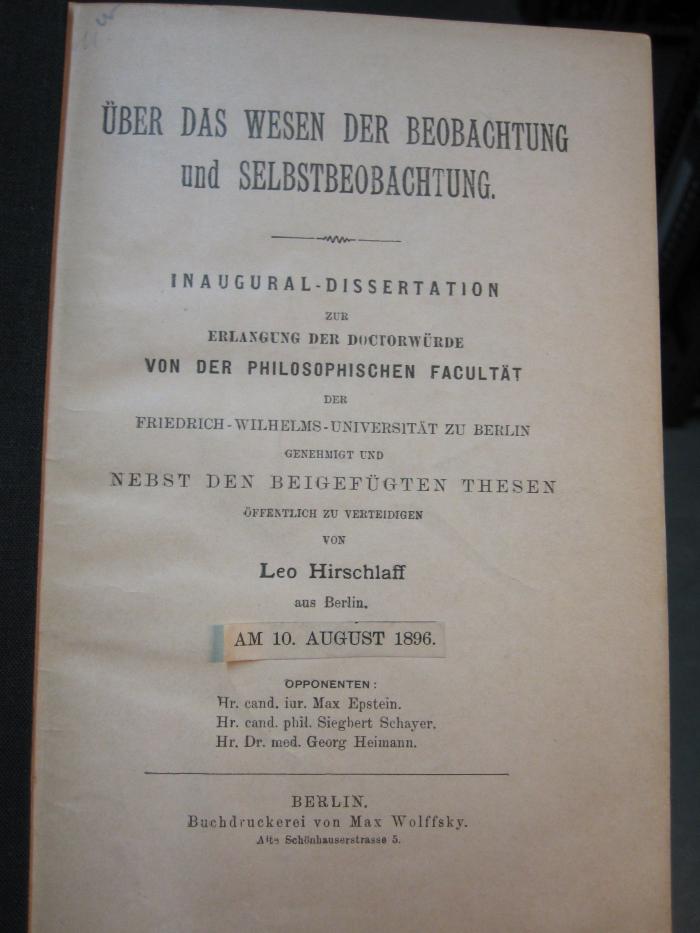Hp 68: Über das Wesen der Beobachung und Selbstbeobachung (1896)