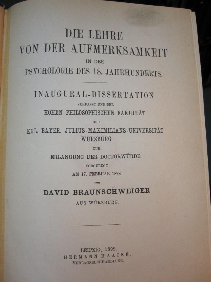 Hr 156: Die Lehre von der Aufmerksamkeit in der Psychologie des 18. Jahrhunderts (1899)