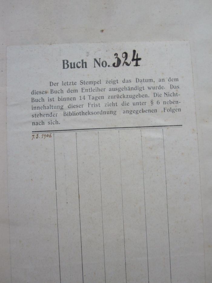 Kp 566: Pflanzenheilverfahren (1898);D52 / 591 (Öffentliche Vegetarische Bibliothek und Lesehalle zu Berlin), Papier: Signatur; 'Buch No. [324] [...]'. 