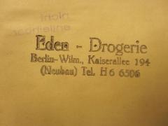 D51 / 977 (Eden-Drogerie), Stempel: Name, Ortsangabe; 'Eden-Drogerie
Berlin-Wilm. Kaiserallee 194
(Neubau) Tel. H 6 6506'. 