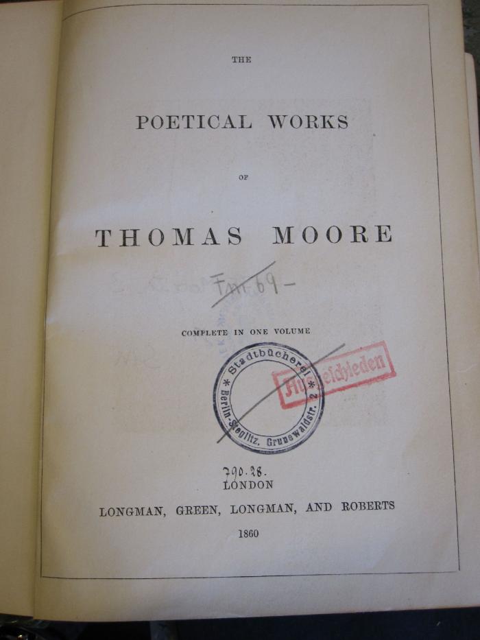 L 435 Moo Th 3: The petical works of Thomas Moore (1860)