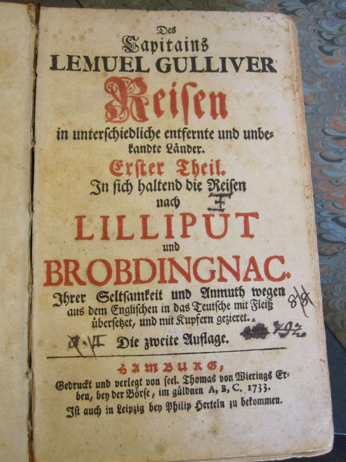 L 432 Swi 50 r _1-3: Des Kapitains Lemuel Gulliver Reisen in unterschiedliche entfernte und unbesandte Länder ... (1733)