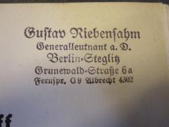 57 / 14029 (Riebensahm, Gustav), Stempel: Name, Berufsangabe/Titel/Branche, Ortsangabe; 'Gustav Riebensahm Generalleutnant a. D. Berlin-Steglitz Grunewald-Straße 6a Fernspr. G9 Albrecht 4302'.  (Prototyp)