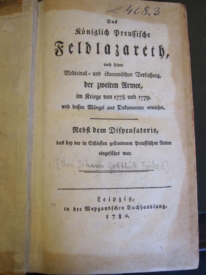 Mil 310 2: Das königlich preußische Feldlazareth, ... (1780)