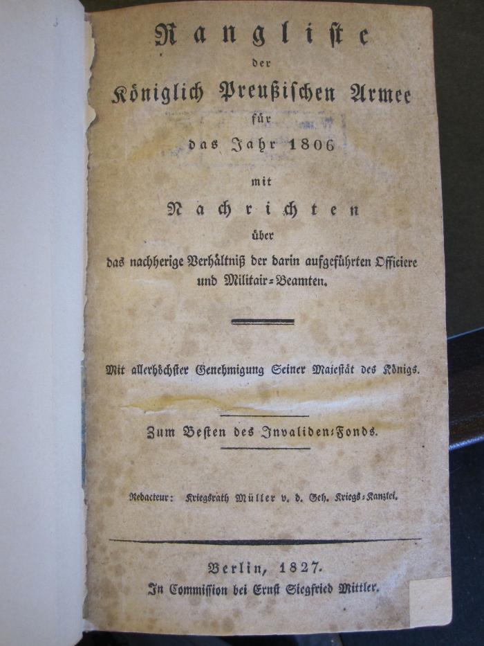 Mil 265 2_1806: Rangliste der königlich preußischen Armee für das Jahr 1806 ... (1827)