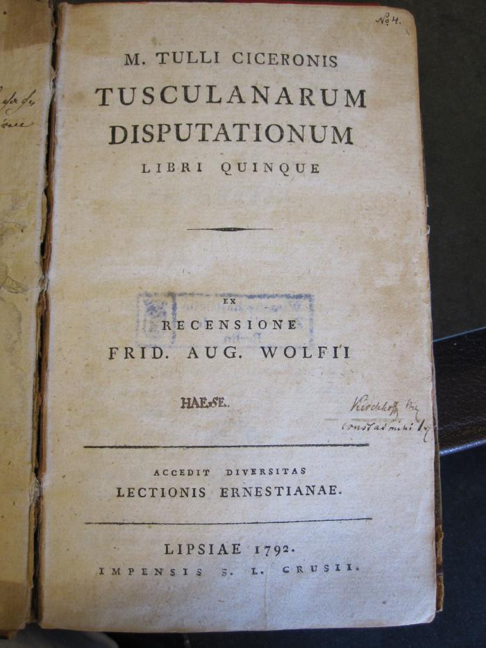 Phil 430 Cic 1e: Tusculanarum disputationum (1792);- (unbekannt), Von Hand: Nummer; 'No. 4.'. 