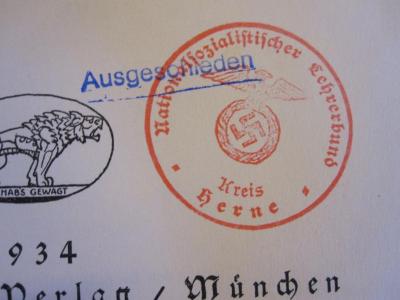 Soz 375 36: Das Bauerntum als Lebensquell der Nordischen Rasse (1934);- (Nationalsozialistischer Lehrerbund Kreis Herne), Stempel: ; 'Nationalsozialistischer Lehrerbund Kreis Herne'. 