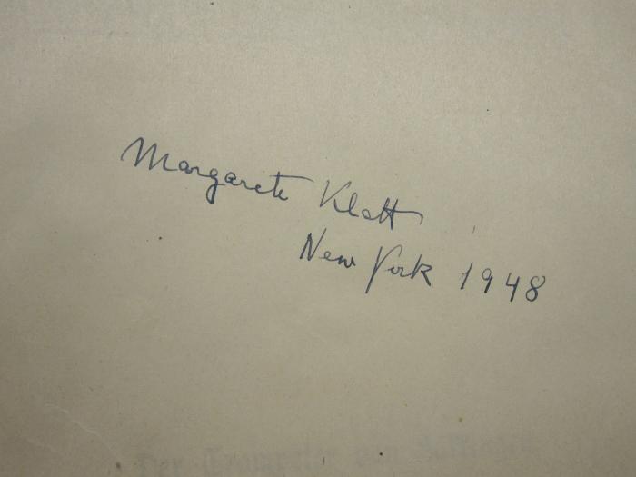 L 238 Schef 52: Der Trompeter von Säkkingen : ein Sang vom Oberrhein (1890);- (Klatt, Margarete), Von Hand: Autogramm; 'Margarete Klatt New York 1948'. 