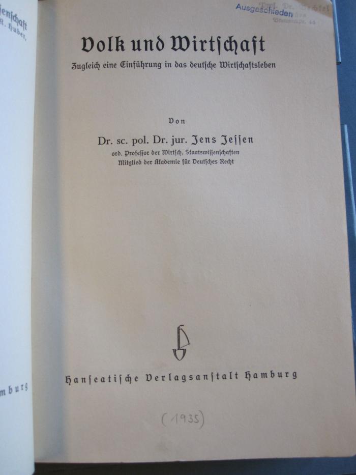 Wi 138 75: Volk und Wirtschaft : zugleich eine Einführung in das deutsche Wirtschaftsleben (1935)