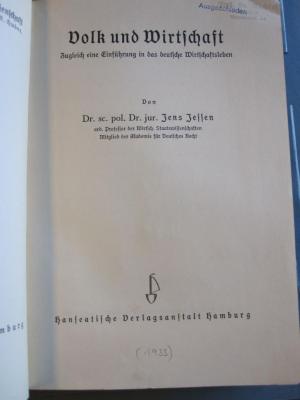 Wi 138 75: Volk und Wirtschaft : zugleich eine Einführung in das deutsche Wirtschaftsleben (1935)