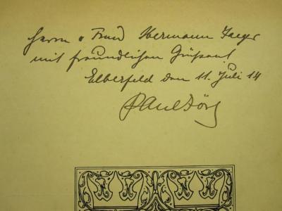 L 242 Jörg 50: Gekrönte Stunden : Dichtungen (1912);- (Jaeger, Hermann), Von Hand: Widmung; 'Herrn [...] Hermann Jaeger mit freundlichen Grüßen Ebersfeld  den 11. Juli 14 Paul Jörg'. 