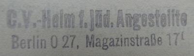 Cm 5425: Lemkes sel. Wwe. : humoristischer Roman aus dem Berliner Leben (um 1928);J / 448 (Central-Verein-Heim für jüdische Angestellte (Berlin)), Stempel: Berufsangabe/Titel/Branche, Ortsangabe; 'C.V.-Heim f. Jüd. Angestellte Berlin 0 27, Magazinstr. 17[.]'.  (Prototyp)