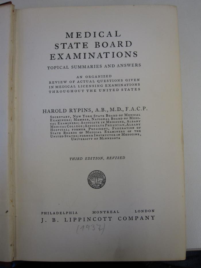 Kh 518 c: Medical state board examinations : topical summaries and answers (1937)