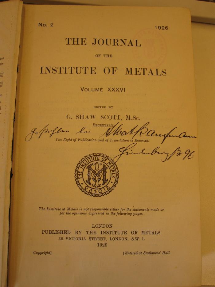 Tr 493 36:1926: The journal of the institute of metals (1926)