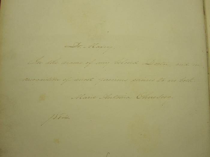 L 228 82 ab: Faust : Erster Theil ([1881]);- (Ohnesorg, Marie Antonia), Von Hand: Widmung; 'Dr. Marcy, In the name of my beloved Doctor, and in recognition of most precious services to us both. Marie Antonia Ohnesorg. 1884.'. 