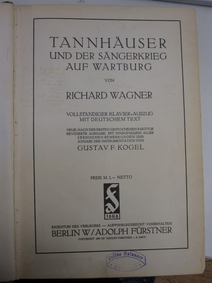Vv 246: Tannhäuser und der Sängerkrieg auf Wartburg (1909)