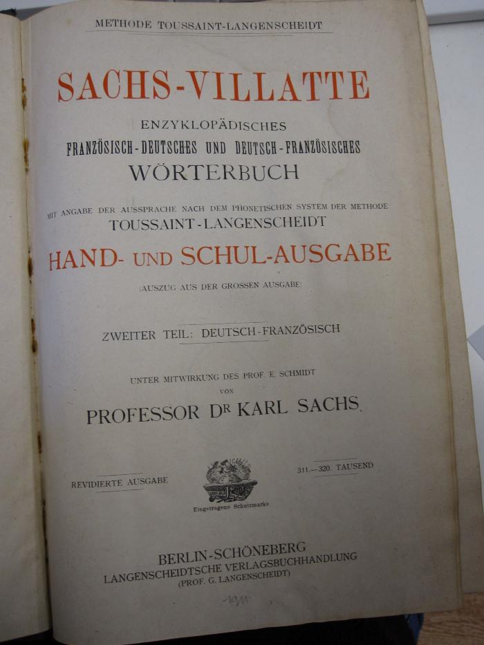  Sachs-Villatte : enzyklopädisches französisch-deutsches und deutsch-französisches Wörterbuch (1911)