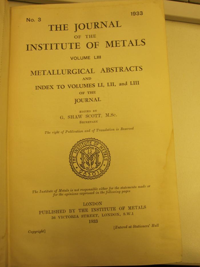 Tr 493 53:1933: The journal of the institute of metals (1926-33)