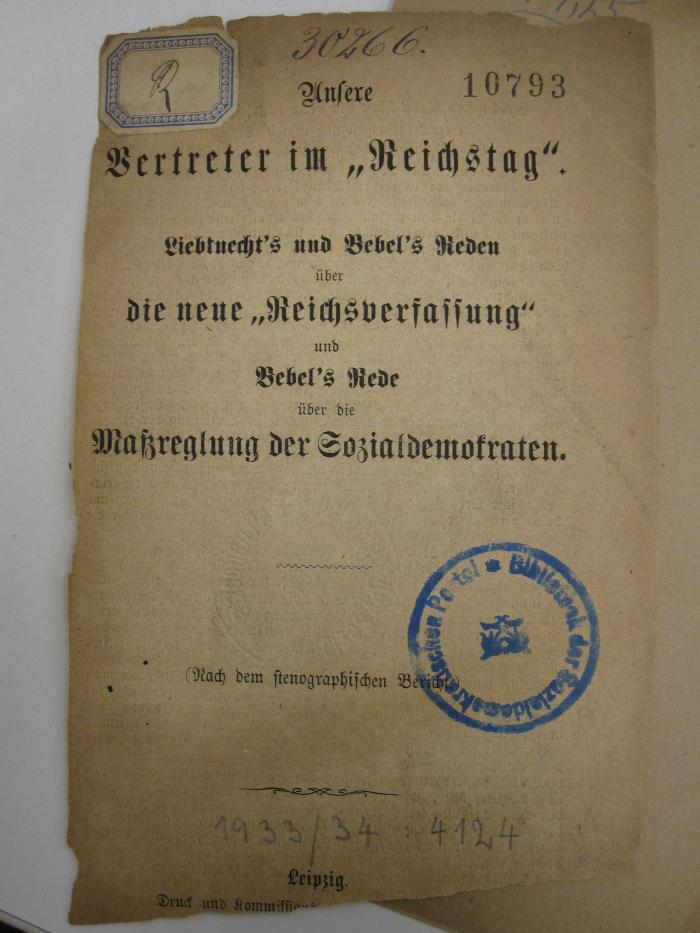MB 1,61,25/V-R : Unsere Vertreter im "Reichstag" : Liebknecht's und Bebel's Reden über die neue "Reichsverfassung" und Bebel's Rede über die Maßregelung der Sozialdemokraten (1871)