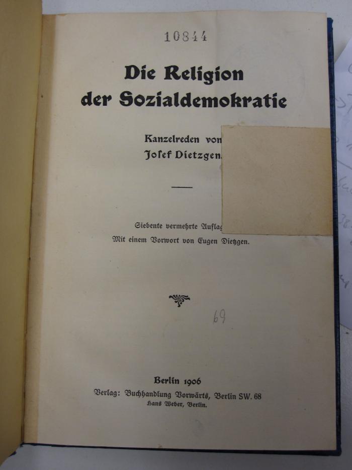 Ug 1038 g: Die Religion der Sozialdemokratie (1906);G56 / 138 (unbekannt), Von Hand: Nummer; '69'. 