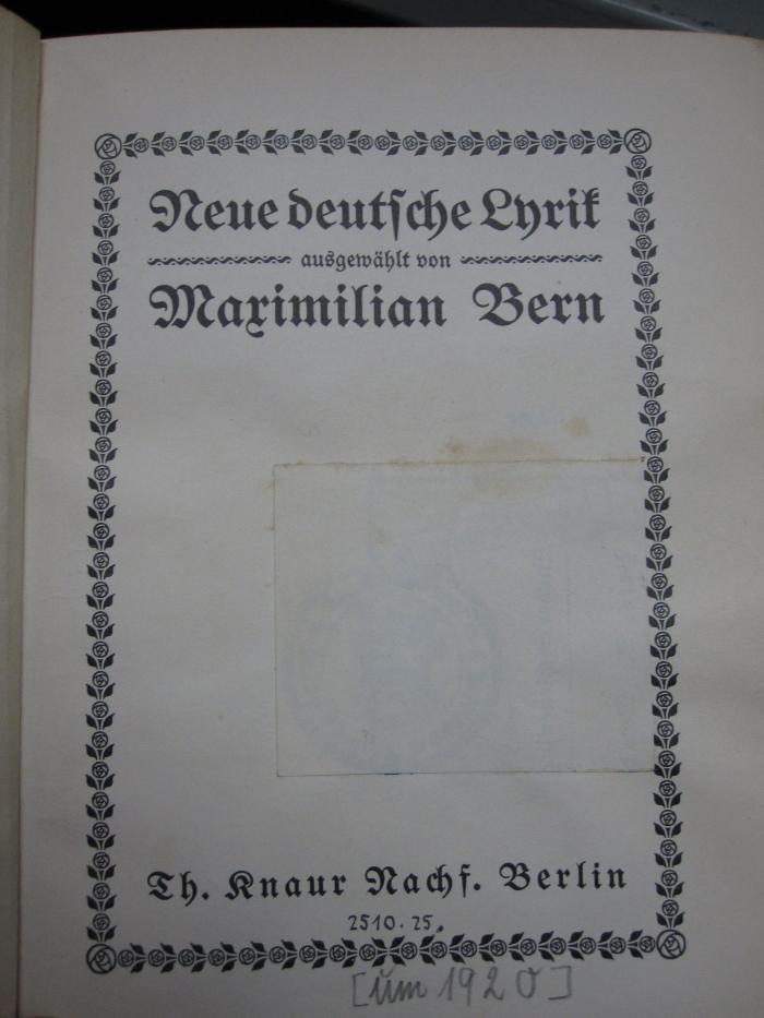 Ch 473: Neue deutsche Lyrik (um 1920)
