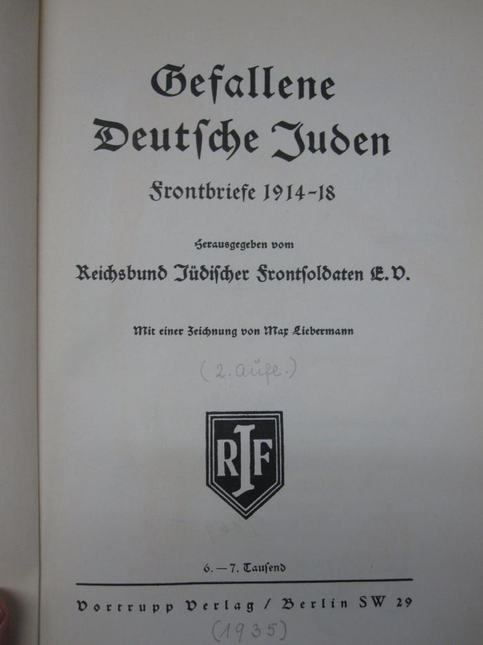 Af 886 b: Gefallene Deutsche Juden : Frontbriefe 1914-18 (1935)