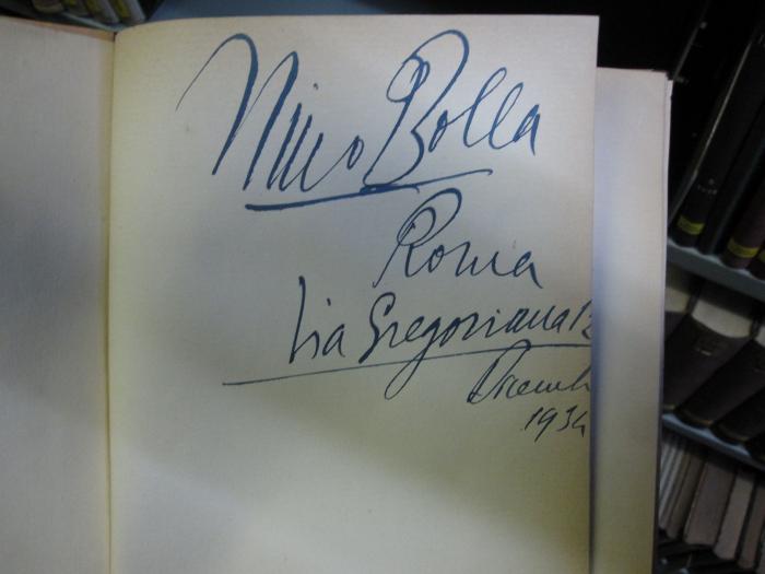 Ct 1394: Teatro modernisimo ([1934]);G45 / 1033 (Bolla, Nino), Von Hand: Autogramm; 'Nino Bolla Roma Via Gregoriana 1[...] Dicemb[...] 1934'. 