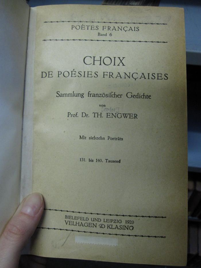 Ct 1424: Choix de Poésies Francaises : Sammlung französischer Gedichte (1920)