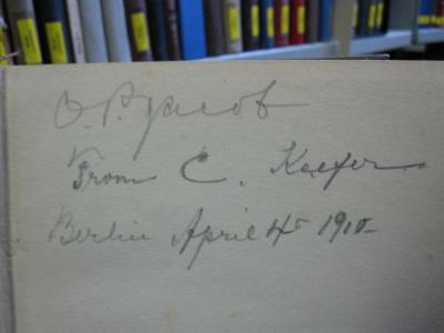 Ct 1443 1.2: Notre dame de Paris ([1888]);G45 / 1997 (Keefer[?], C.), Von Hand: Widmung; '[O.] [P...dt] From C. Keefe[r] Berlin April [4] 1910'. 