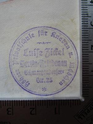 G45 / 2263 (Zickel, Luise), Stempel: Name, Ortsangabe, Berufsangabe/Titel/Branche; 'Höhere Privatschule für Knaben u. Mädchen 
Luise Zickel 
Berlin-Friedenau 
Schmargendorfer-Str. 25'.  (Prototyp);Cw 26 3: Unterhaltungsbuch für die jüdische Jugend (um 1930)
