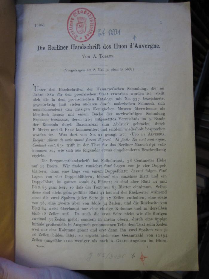 Ct 1501: Die Berliner Handschrift des Huon d'Auvergne (1884)