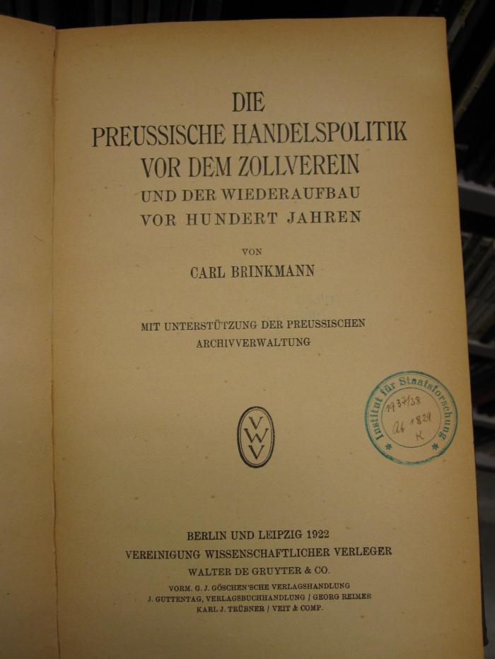Mb 71: Die preussische Handelspolitik vor dem Zollverein (1922)