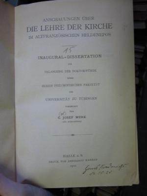 Ct 1507: Anschauungen über die Lehre der Kirche im altfranzösischen Heldenepos (1911)