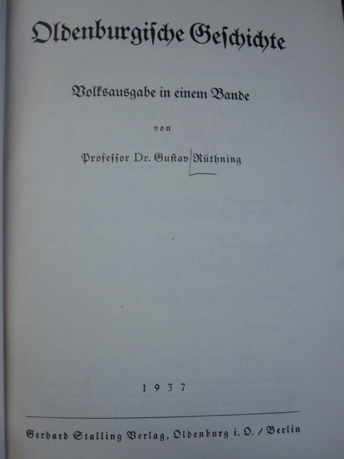 Ao 211: Oldenburgische Geschichte : Volksausgabe in einem Bande (1937)