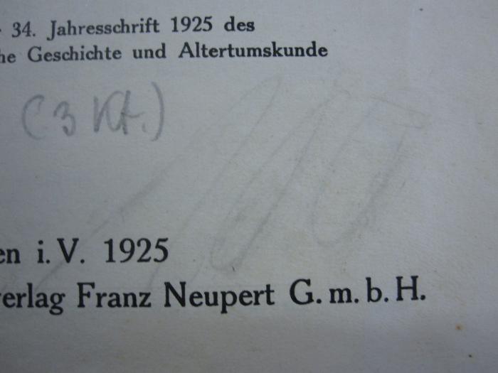 Ao 736: Geschichte von Markneukirchen : Stadt und Kirchspiel (1925);G46 / 1551 (Bergungsstelle 100, Bibliothek des Herrn Bongé), Von Hand: Nummer; '100'.  (Prototyp)