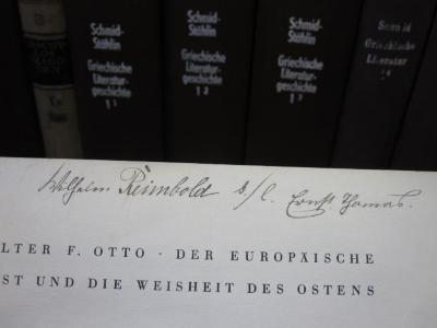 Cn 840: Der europäische Geist und die Weisheit des Ostens ([1931]);G46 / 1580 (Reimbold, Wilhelm;Hamas, Ernst), Von Hand: Name, Widmung; 'Wilhelm Reimbold s./l. Ernst Hamas'. 