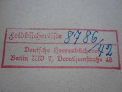 G46 / 1894 (Deutsche Heeresbücherei (Berlin)), Stempel: Name, Ortsangabe; 'Feldbücherliste  
Deutsche Heeresbücherei 
Berlin NW 7, Dorotheenstraße 48'.  (Prototyp)