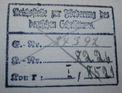 - (Reichsstelle zur Förderung des Deutschen Schrifttums (Berlin)), Stempel: Berufsangabe/Titel/Branche, Name; 'Reichsstelle zur Förderung des deutschen Schrifttums
E.-Nr.: ................
K.-Nr.: ................
Kor. r.: ....... | .......
'.  (Prototyp)