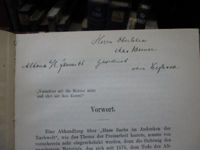 Cg 2415;G46 / 2038 (Baberadt, Friedrich;Werner, Max), Von Hand: Name, Ortsangabe, Datum, Widmung; 'Herrn Oberlehrer Max Werner gewidmet vom Verfasser Altona [?] Januar 06'. 