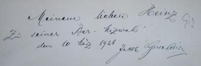 G46 / 2834 (Goldschmidt, Jakob;Goldschmidt, Heinz), Von Hand: Name, Datum, Widmung, Autogramm; 'Meinem lieben Heinz. Zu seiner Bar-Mizwah! Den 10 März 1928 Jakob Goldschmidt'. ;Ah 104 x 1 2.Ex.: Encyclopaedia Judaica : Das Judentum in Geschichte und Gegenwart. Erster Band: Aach-Akademien (1928)