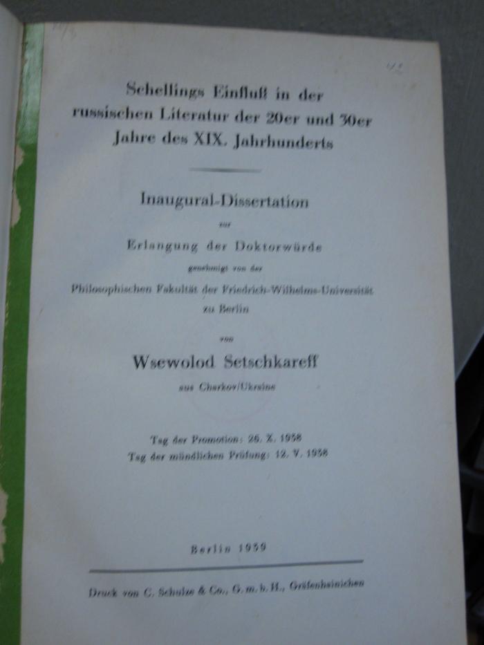 Cu 254: Schellings Einfluß in der russischen Literatur der 20er und 30 Jahre des XIX. Jahrhunderts (1939)