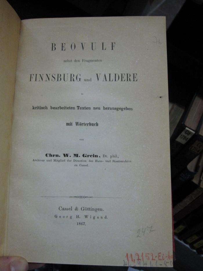 Cq 1806: Beovulf nebst den Fragmenten Finnsburg und Valdere (1867);G46 / 3159 (unbekannt), Von Hand: Nummer; '247'. 