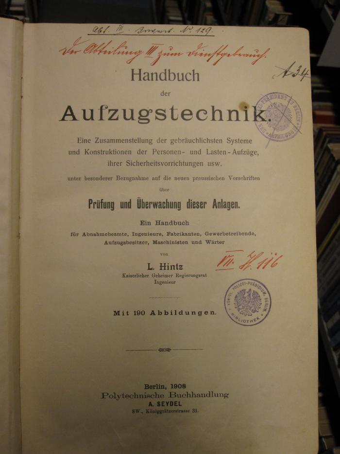 Tl 120: Handbuch der Aufzugstechnik (1908)