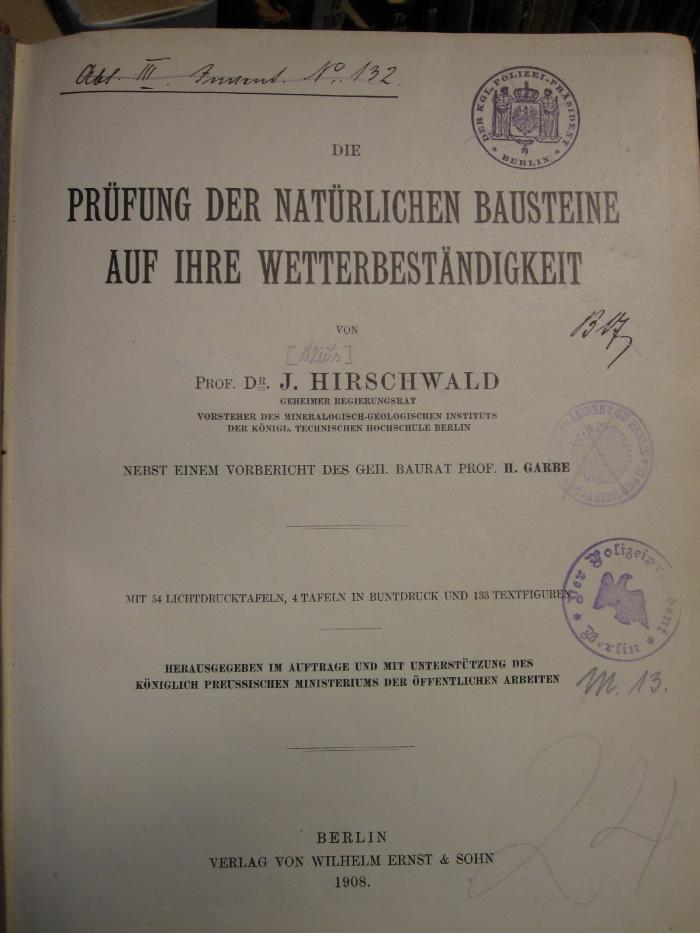 Tc 498 x: Die Prüfung der natürlichen Bausteine auf ihre Wetterbeständigkeit (1908)