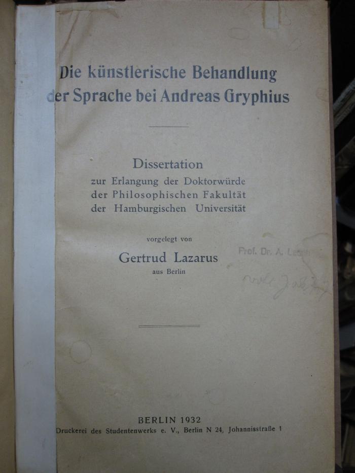 Cg 2444: Die künstlerische Behandlung der Sprache bei Andreas Gryphius (1932)