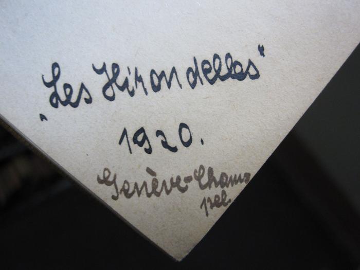 Cs 456 c: Résumé de L'Histoire de la Littérature Francaise (1915);G46 / 4036 ([?], Lizzi), Von Hand: Ortsangabe, Datum; '"Les Hirondelles" 1920. Genève-Champel'. 