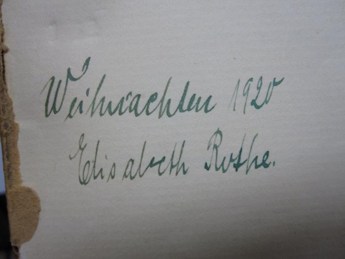 Ao 21 g: Münchner Bilderbogen : Erinnerungen (1912);G46 / 4207 (Rothe, Elisabeth), Von Hand: Autogramm, Name, Datum; 'Weihnachten 1920 Elisabateh Rothe'. 