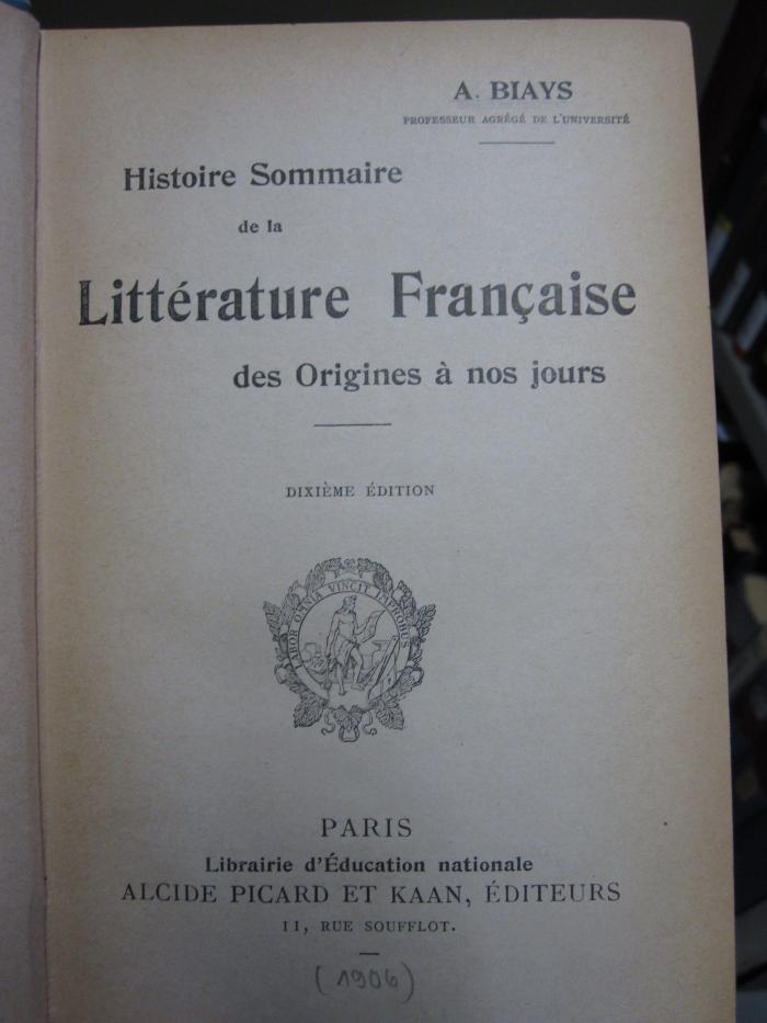 Cs 458 ao: Histoire Sommaire de la Littérature Francaise ([1906])