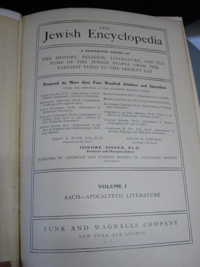Ah 257 x1: The Jewish Encyclopedia : Vol. I Aach-Apocalyptic Literature (1901)